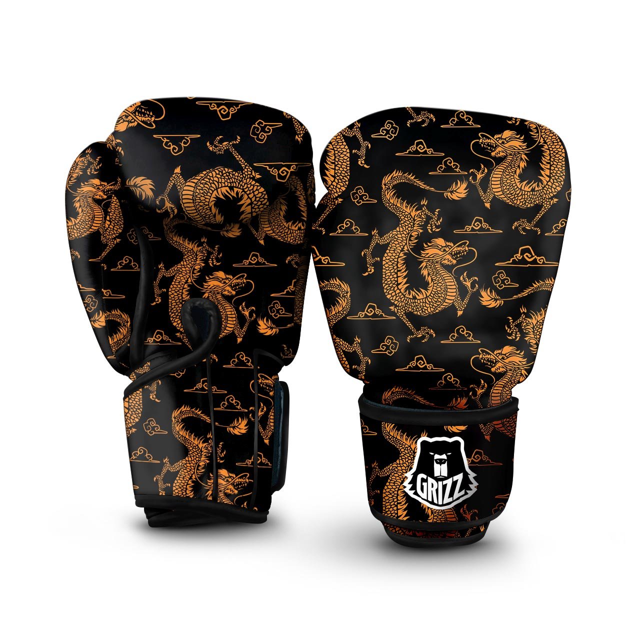 Gold Janpanese Dragon Print Boxing Gloves-grizzshop