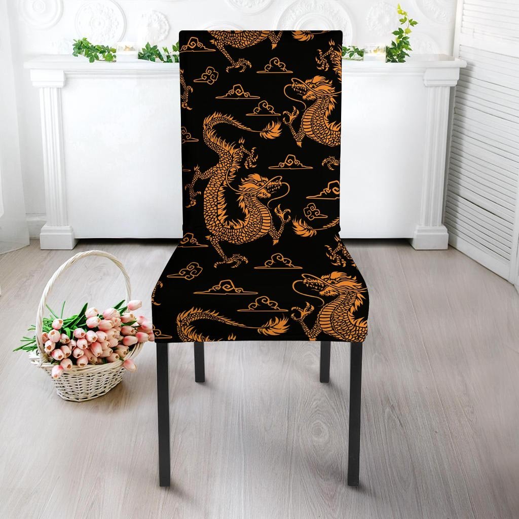 Gold Janpanese Dragon Print Chair Cover-grizzshop