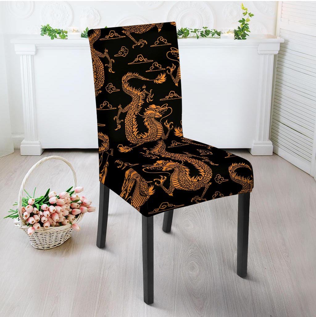 Gold Janpanese Dragon Print Chair Cover-grizzshop