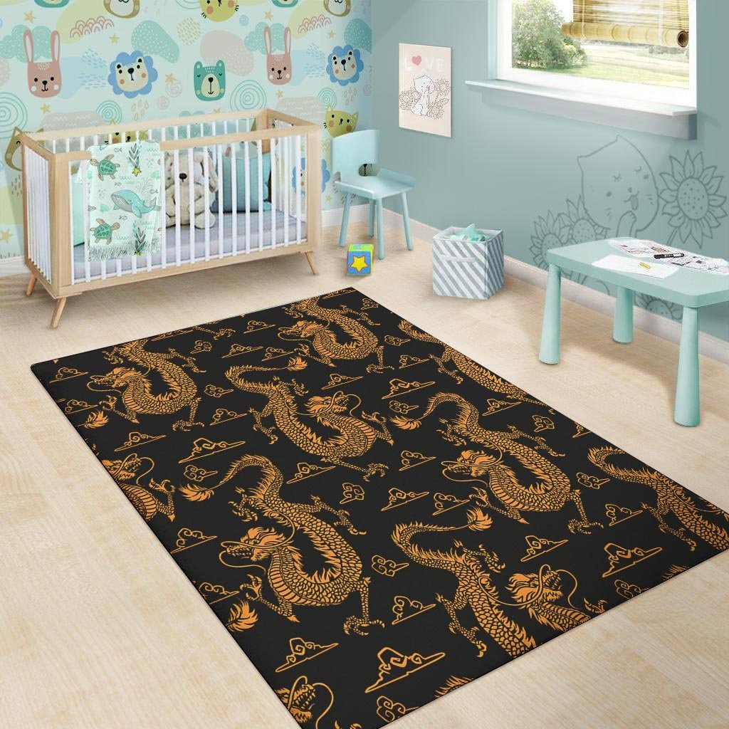 Gold Janpanese Dragon Print Floor Mat-grizzshop