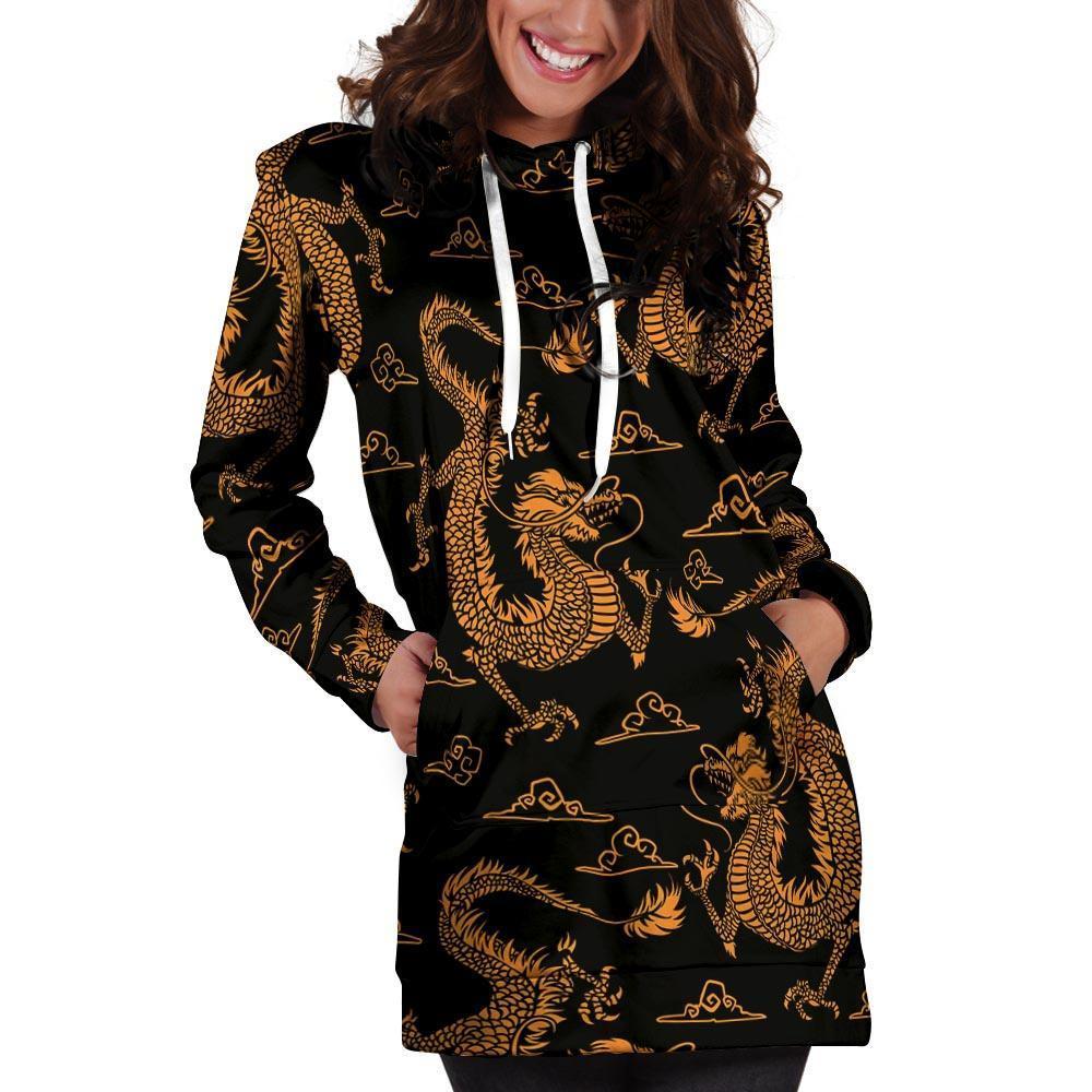 Gold Janpanese Dragon Print Hoodie Dress-grizzshop