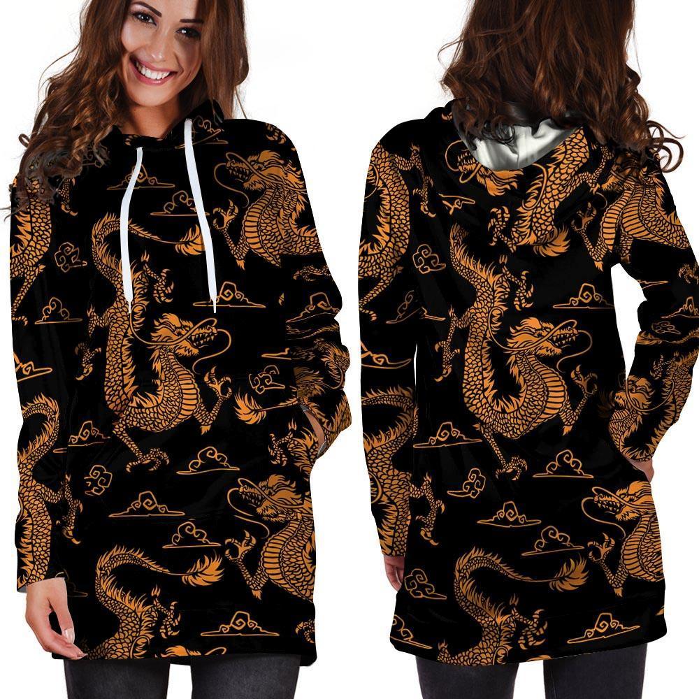 Gold Janpanese Dragon Print Hoodie Dress-grizzshop