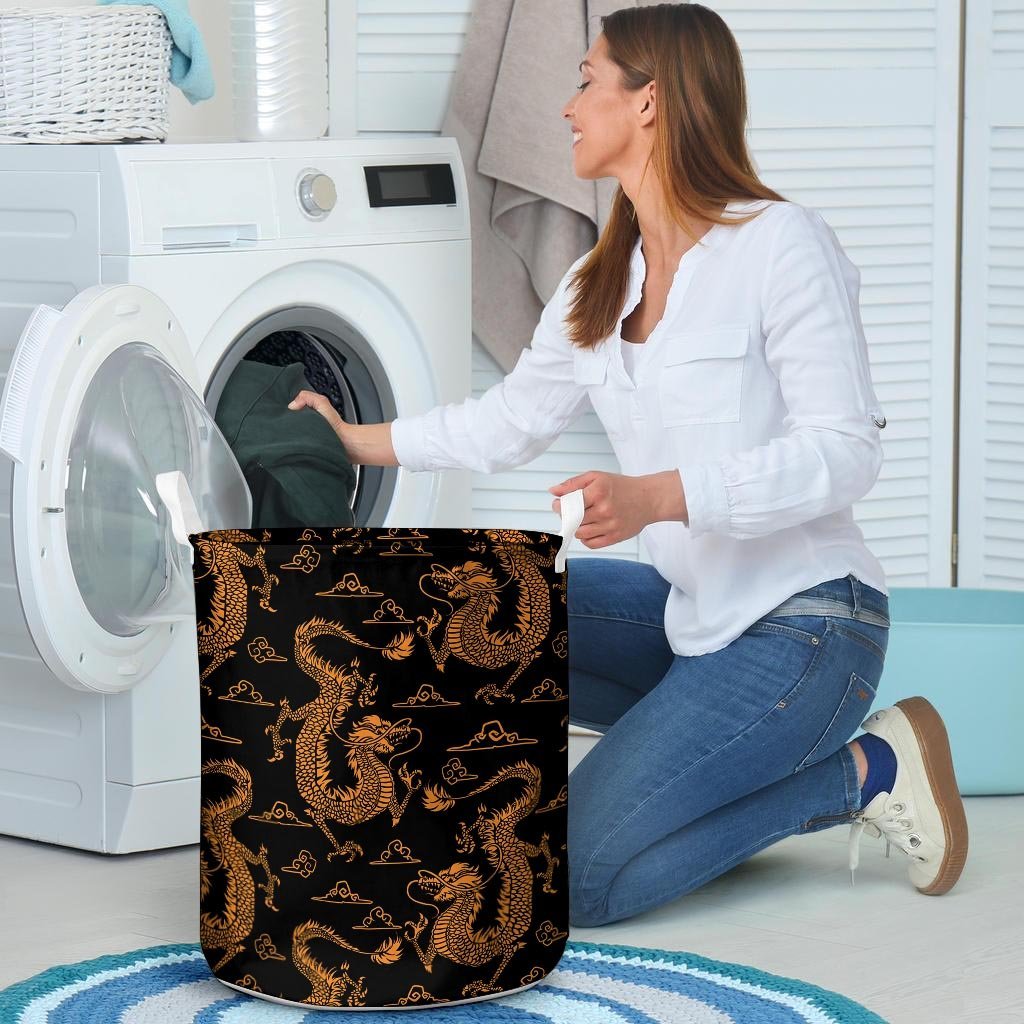 Gold Janpanese Dragon Print Laundry Basket-grizzshop