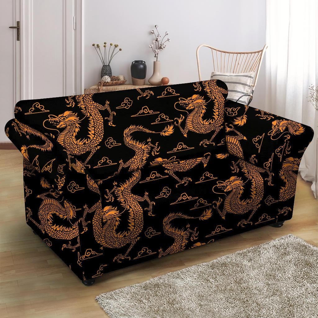 Gold Janpanese Dragon Print Loveseat Cover-grizzshop