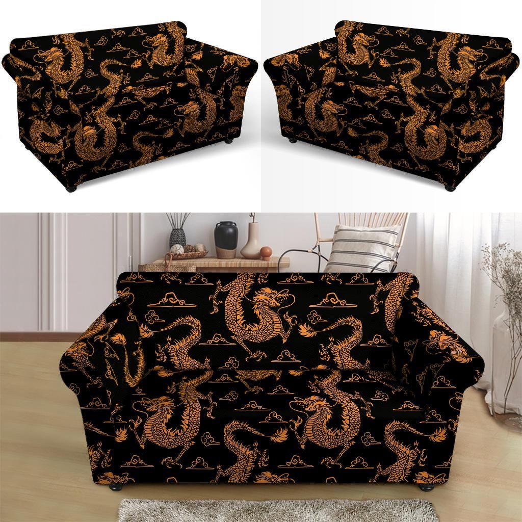 Gold Janpanese Dragon Print Loveseat Cover-grizzshop