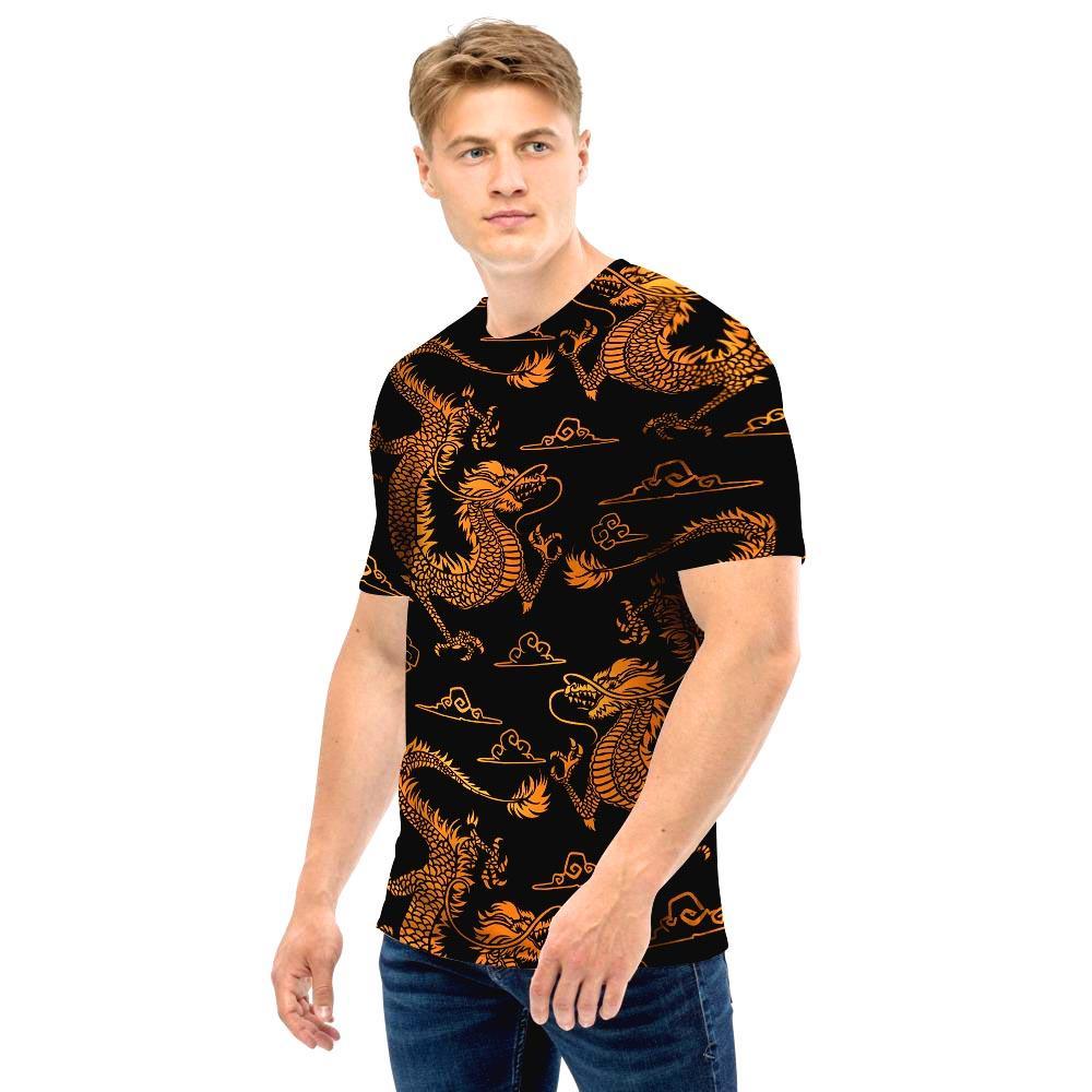 Gold Janpanese Dragon Print Men T Shirt-grizzshop