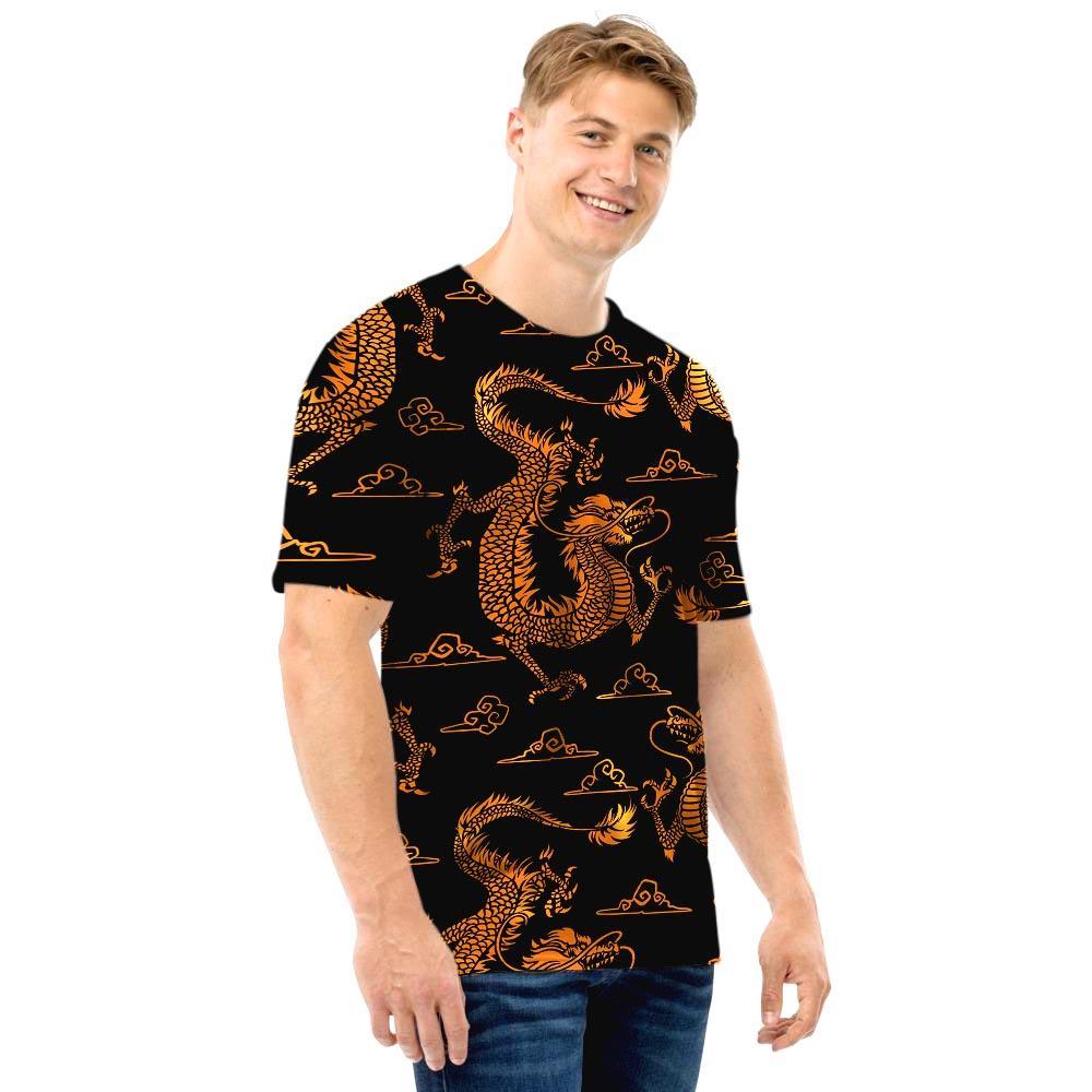 Gold Janpanese Dragon Print Men T Shirt-grizzshop