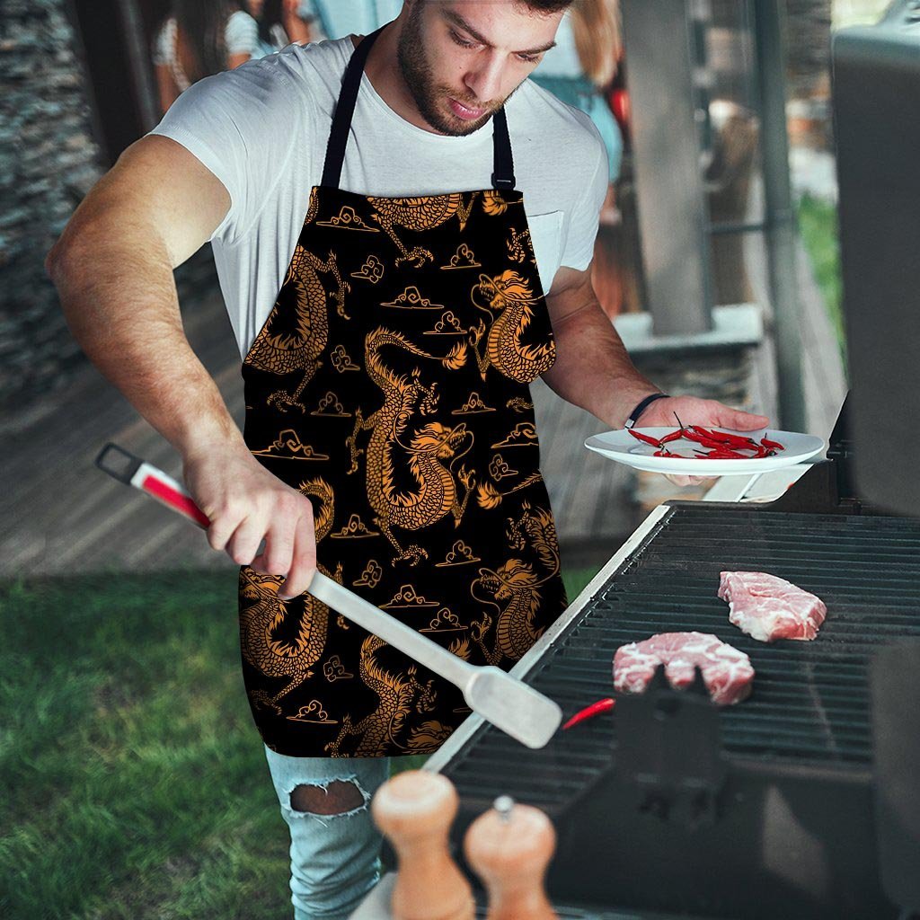 Gold Janpanese Dragon Print Men's Apron-grizzshop