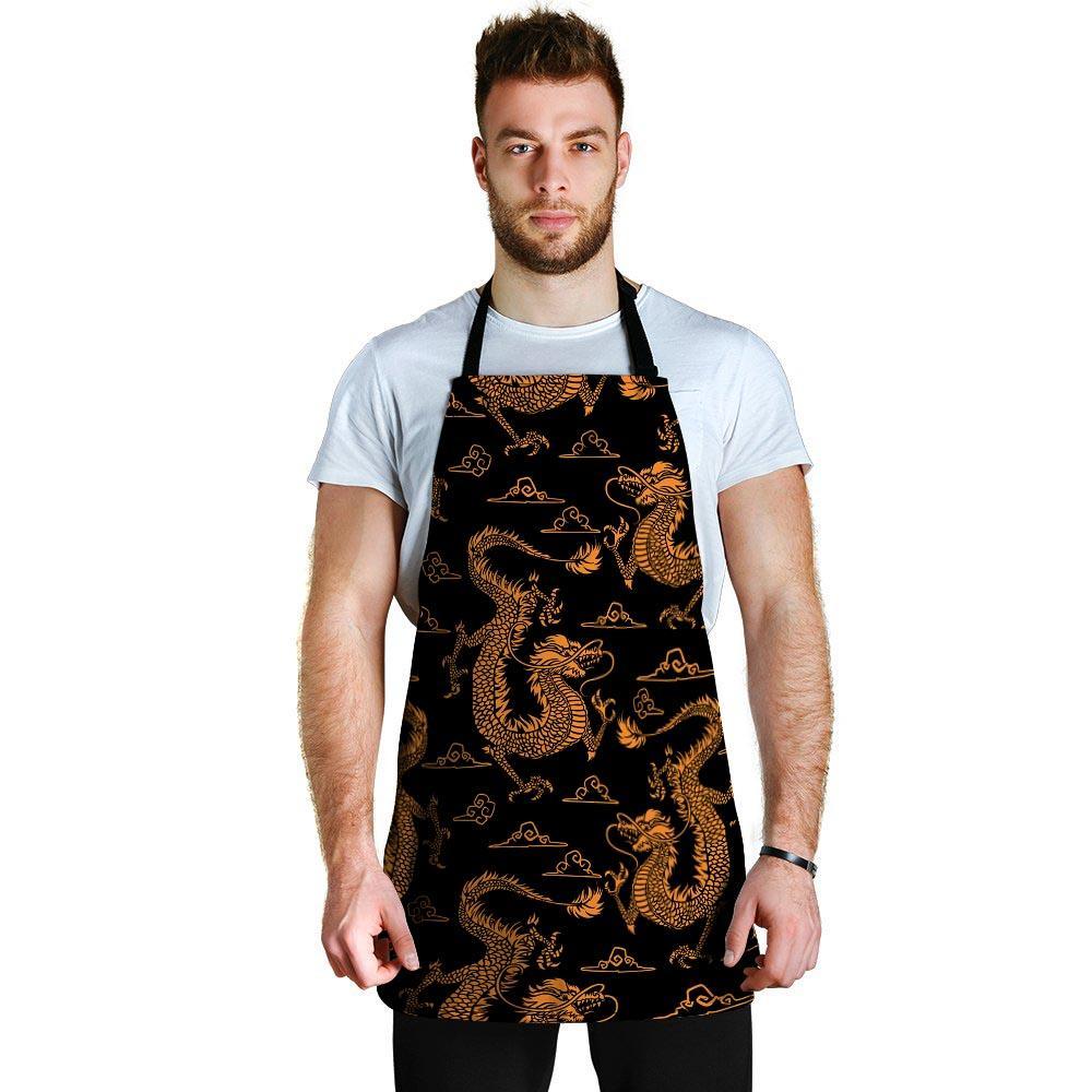 Gold Janpanese Dragon Print Men's Apron-grizzshop