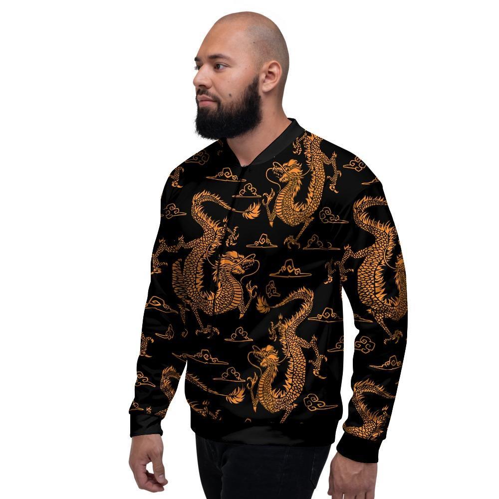 Gold Janpanese Dragon Print Men's Bomber Jacket-grizzshop