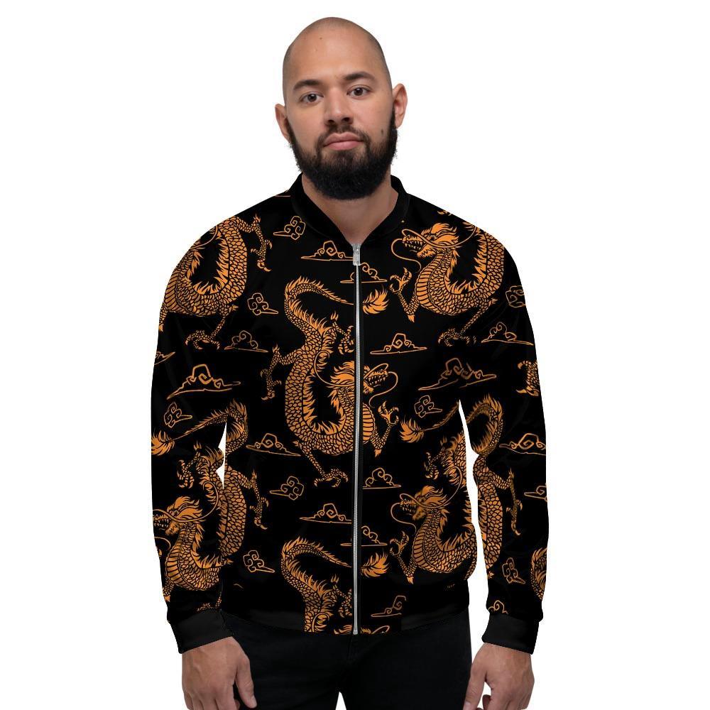 Gold Janpanese Dragon Print Men's Bomber Jacket-grizzshop