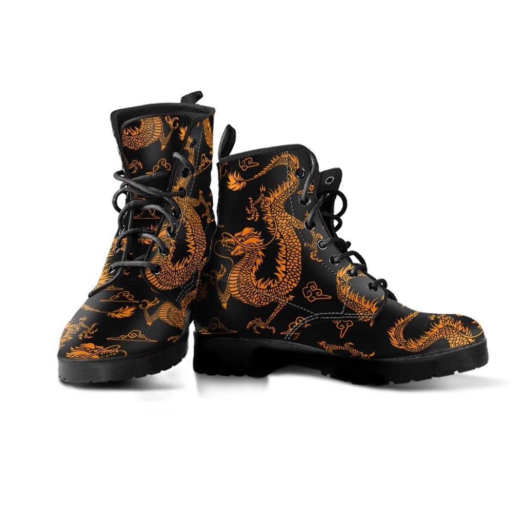 Gold Janpanese Dragon Print Men's Boots-grizzshop