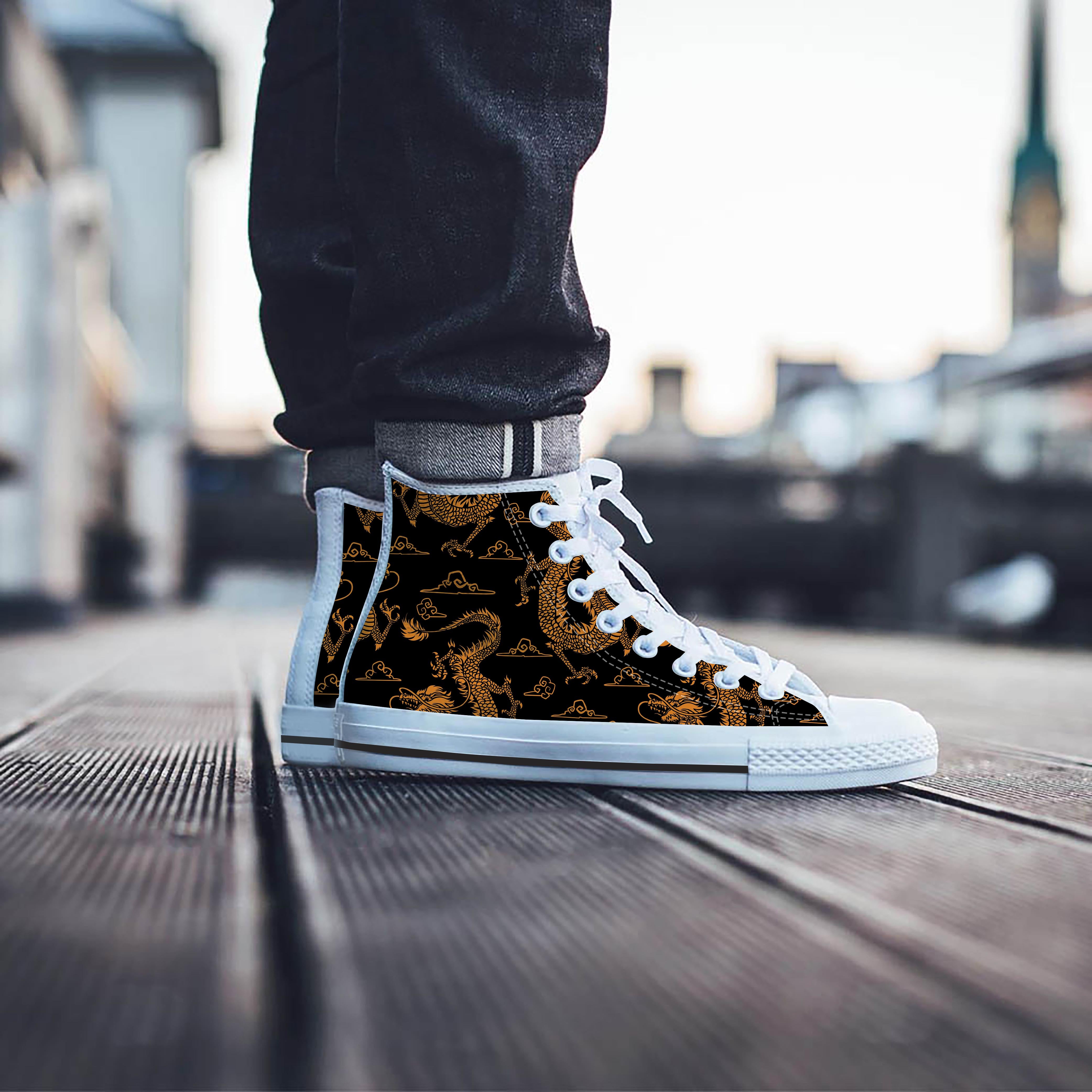 Gold Janpanese Dragon Print Men's High Top Shoes-grizzshop