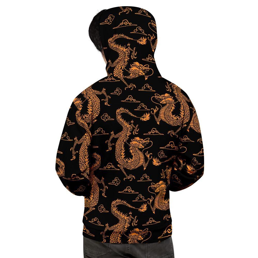 Gold Janpanese Dragon Print Men's Hoodie-grizzshop