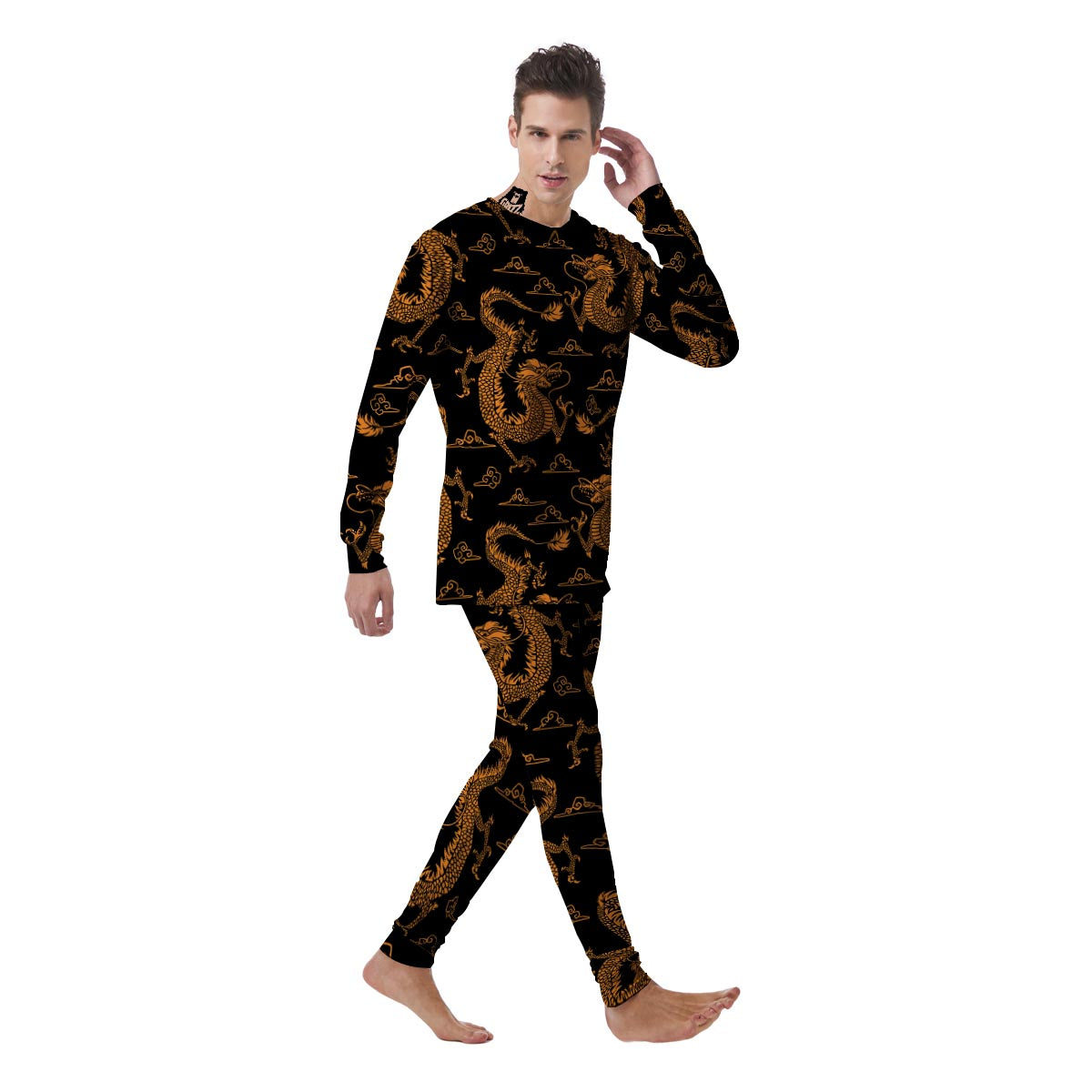 Gold Janpanese Dragon Print Men's Pajamas-grizzshop