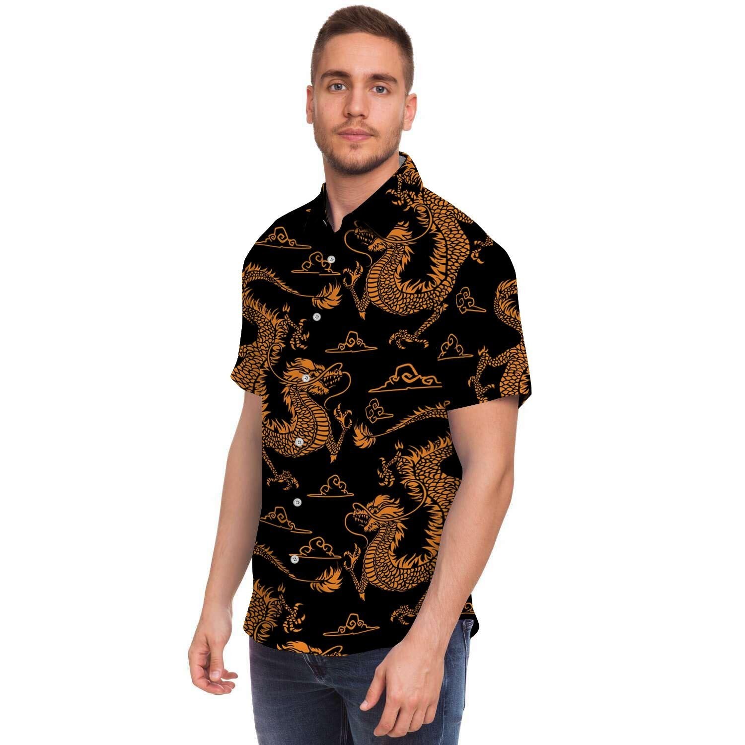 Gold Janpanese Dragon Print Men's Short Sleeve Shirt-grizzshop