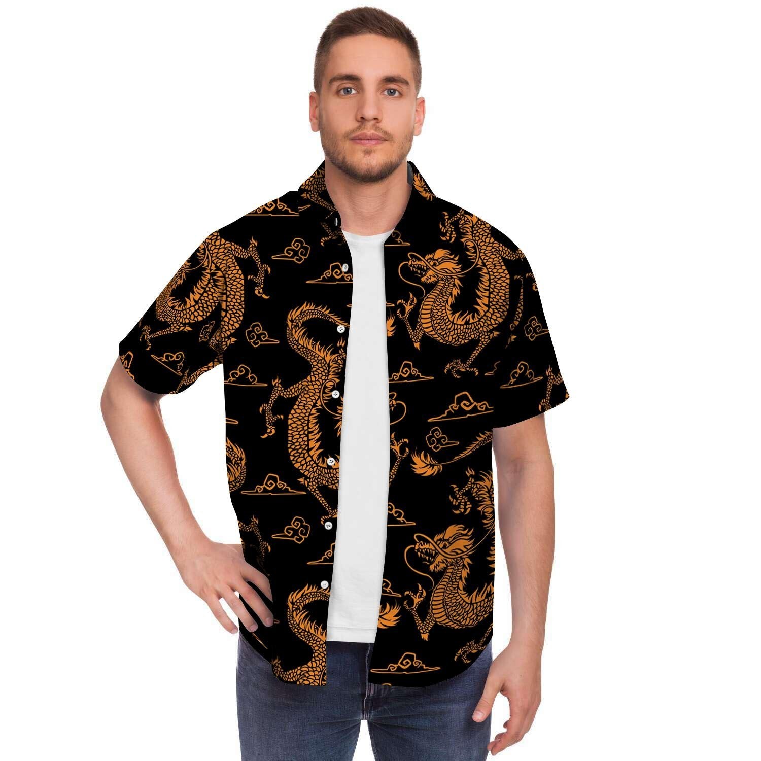 Gold Janpanese Dragon Print Men's Short Sleeve Shirt-grizzshop