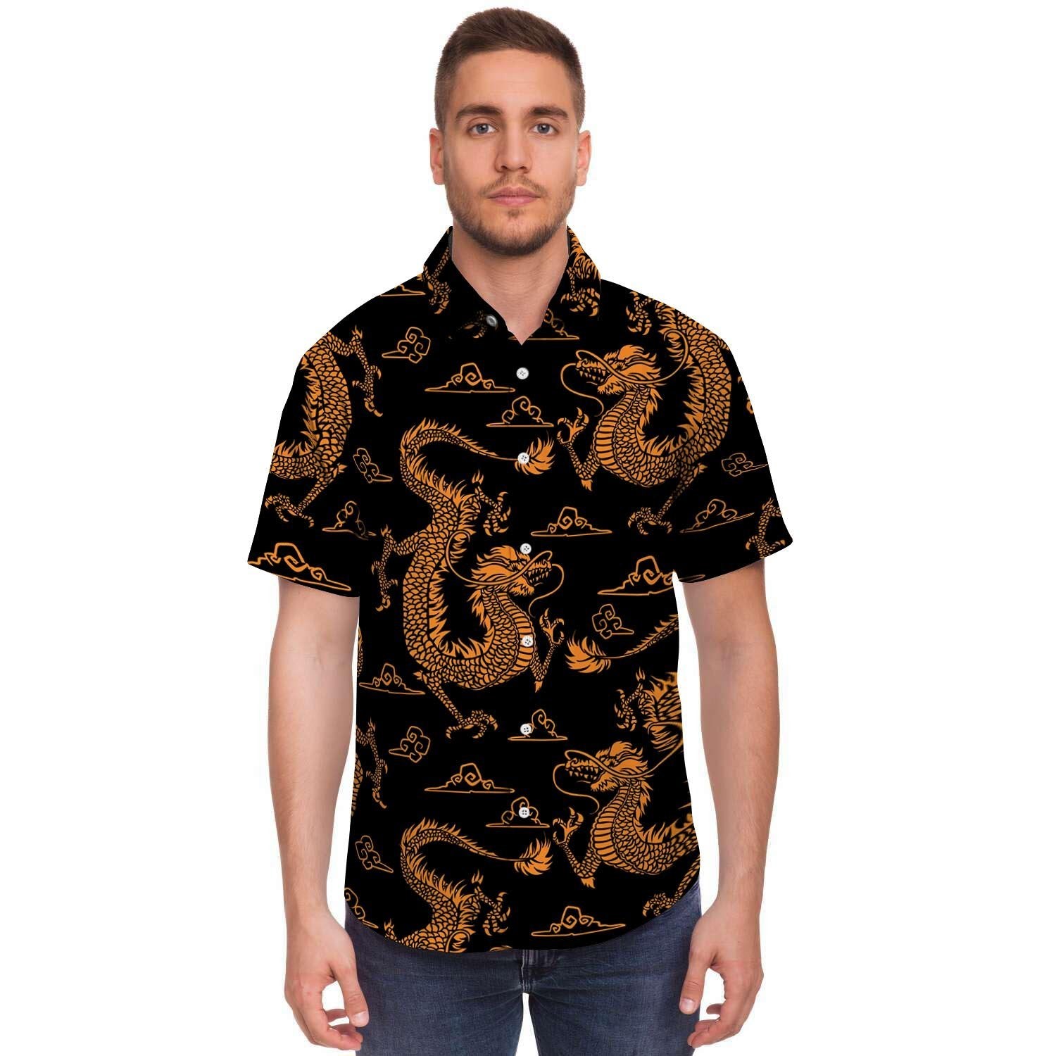 Gold Janpanese Dragon Print Men's Short Sleeve Shirt-grizzshop