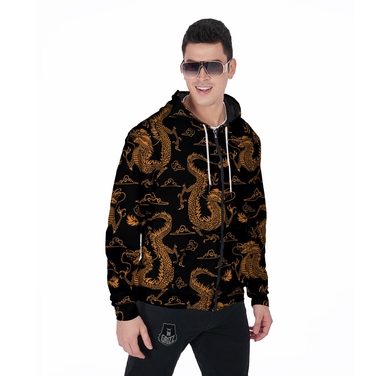 Gold Janpanese Dragon Print Men's Zip Up Hoodie-grizzshop