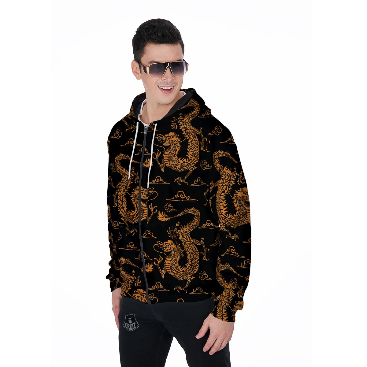 Gold Janpanese Dragon Print Men's Zip Up Hoodie-grizzshop