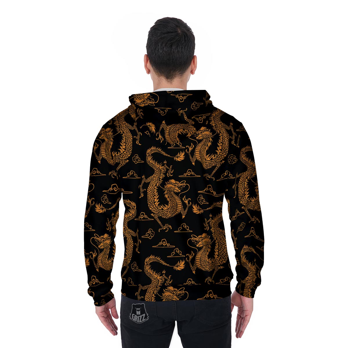 Gold Janpanese Dragon Print Men's Zip Up Hoodie-grizzshop