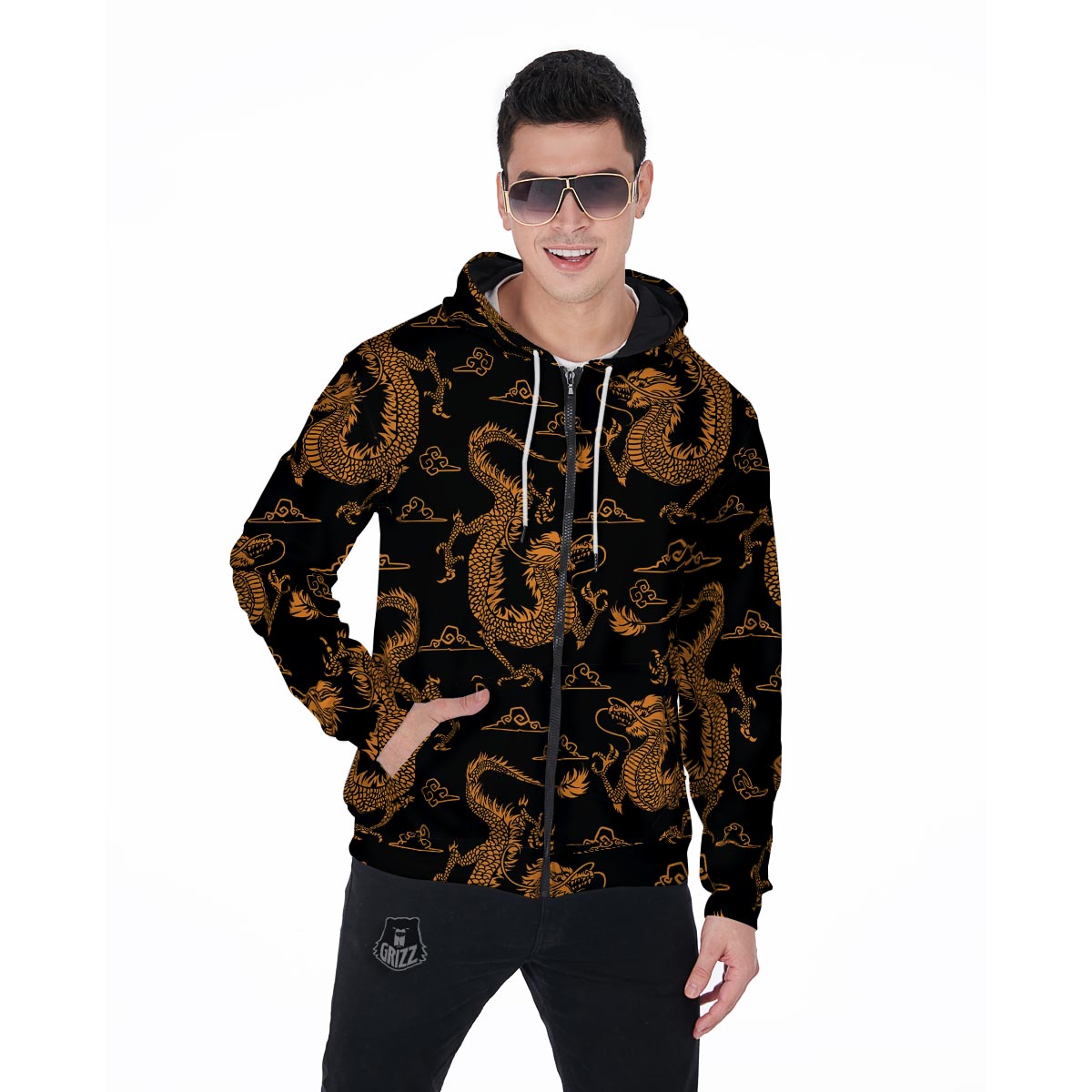 Gold Janpanese Dragon Print Men's Zip Up Hoodie-grizzshop