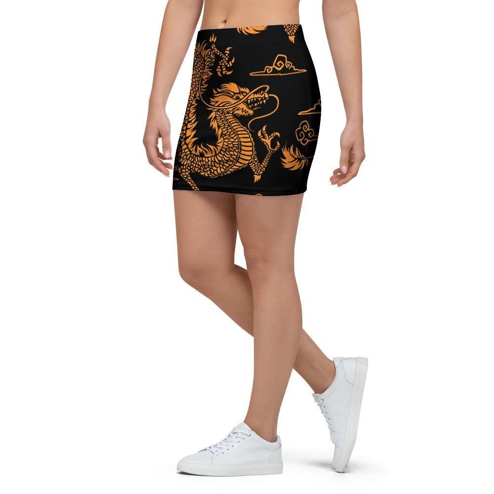 Gold Janpanese Dragon Print Mini Skirt-grizzshop