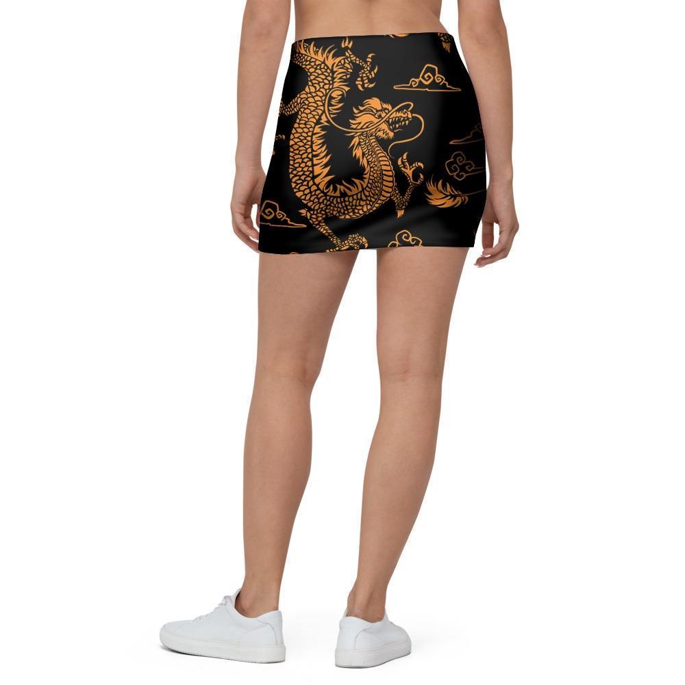 Gold Janpanese Dragon Print Mini Skirt-grizzshop