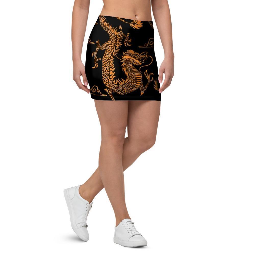 Gold Janpanese Dragon Print Mini Skirt-grizzshop