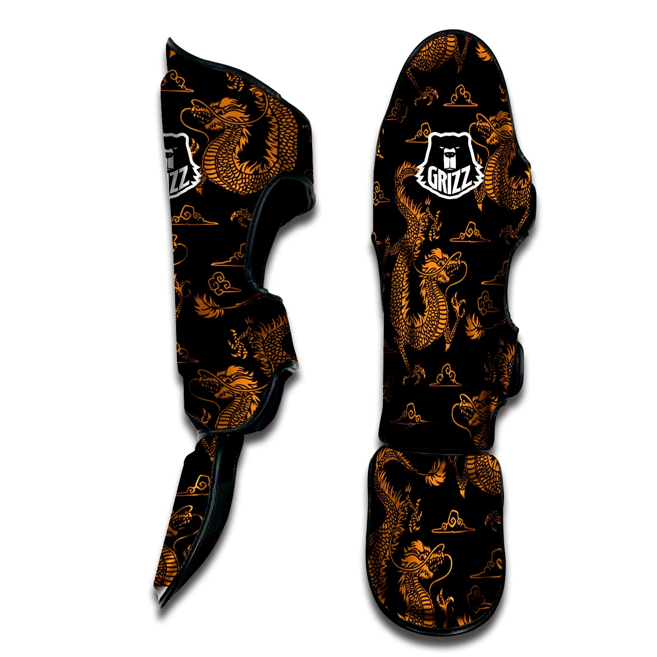 Gold Janpanese Dragon Print Muay Thai Shin Guard-grizzshop