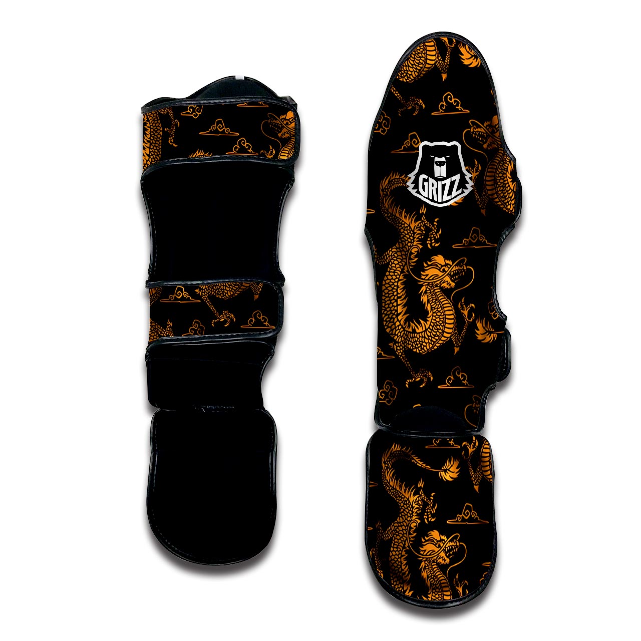 Gold Janpanese Dragon Print Muay Thai Shin Guard-grizzshop