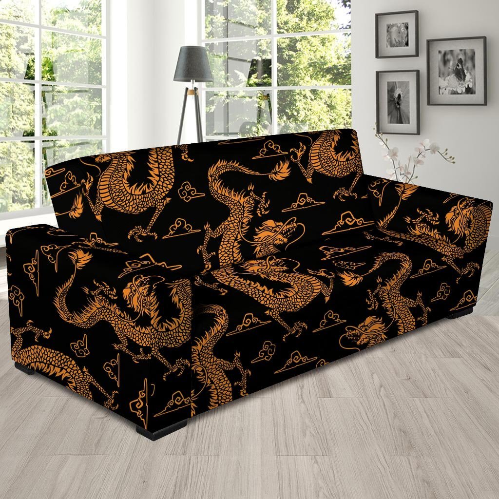 Gold Janpanese Dragon Print Sofa Cover-grizzshop