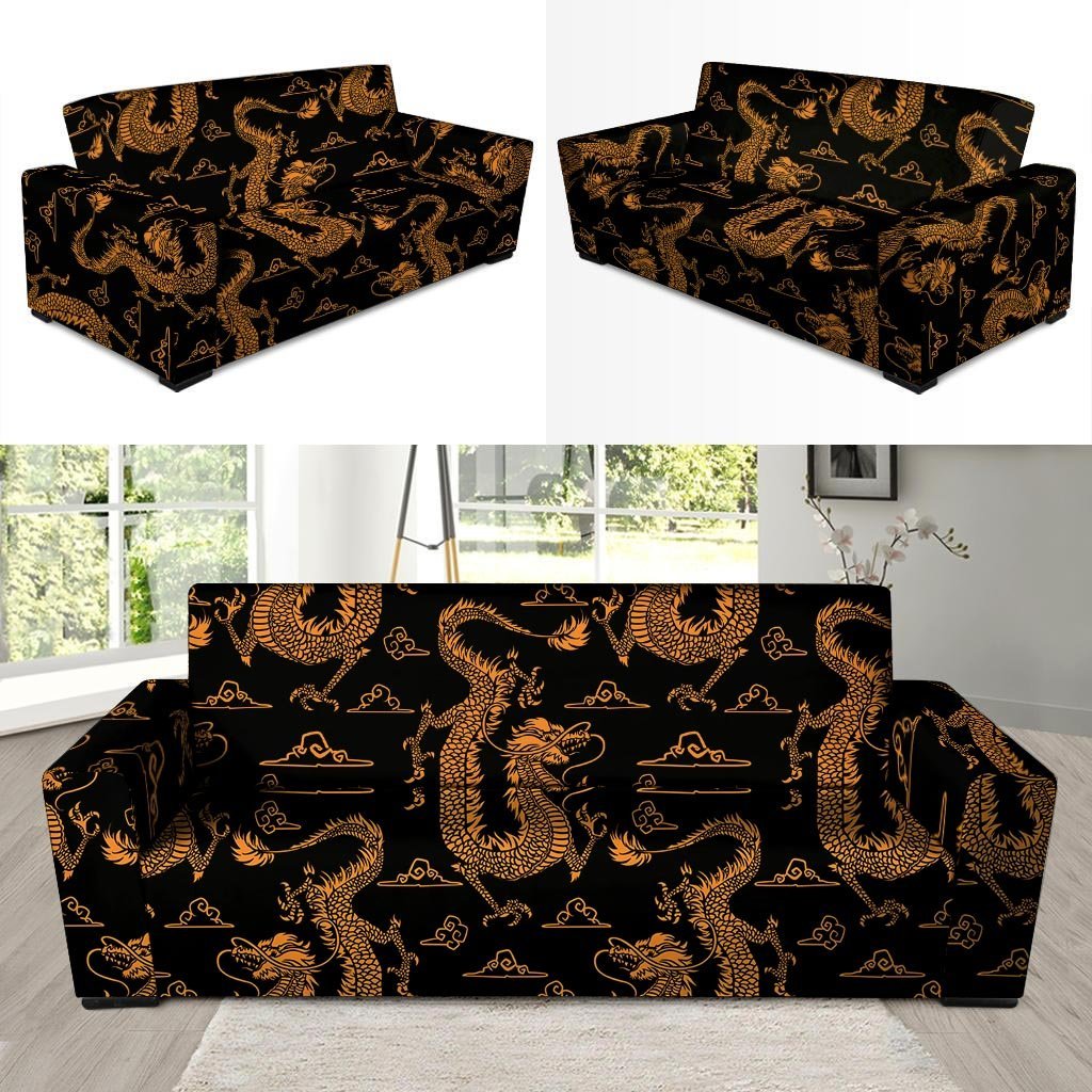 Gold Janpanese Dragon Print Sofa Cover-grizzshop