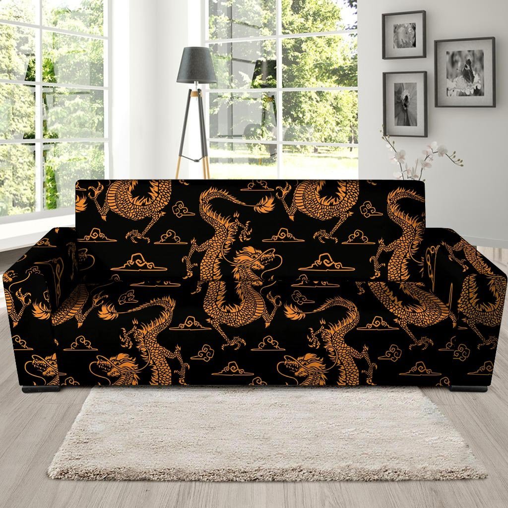 Gold Janpanese Dragon Print Sofa Cover-grizzshop