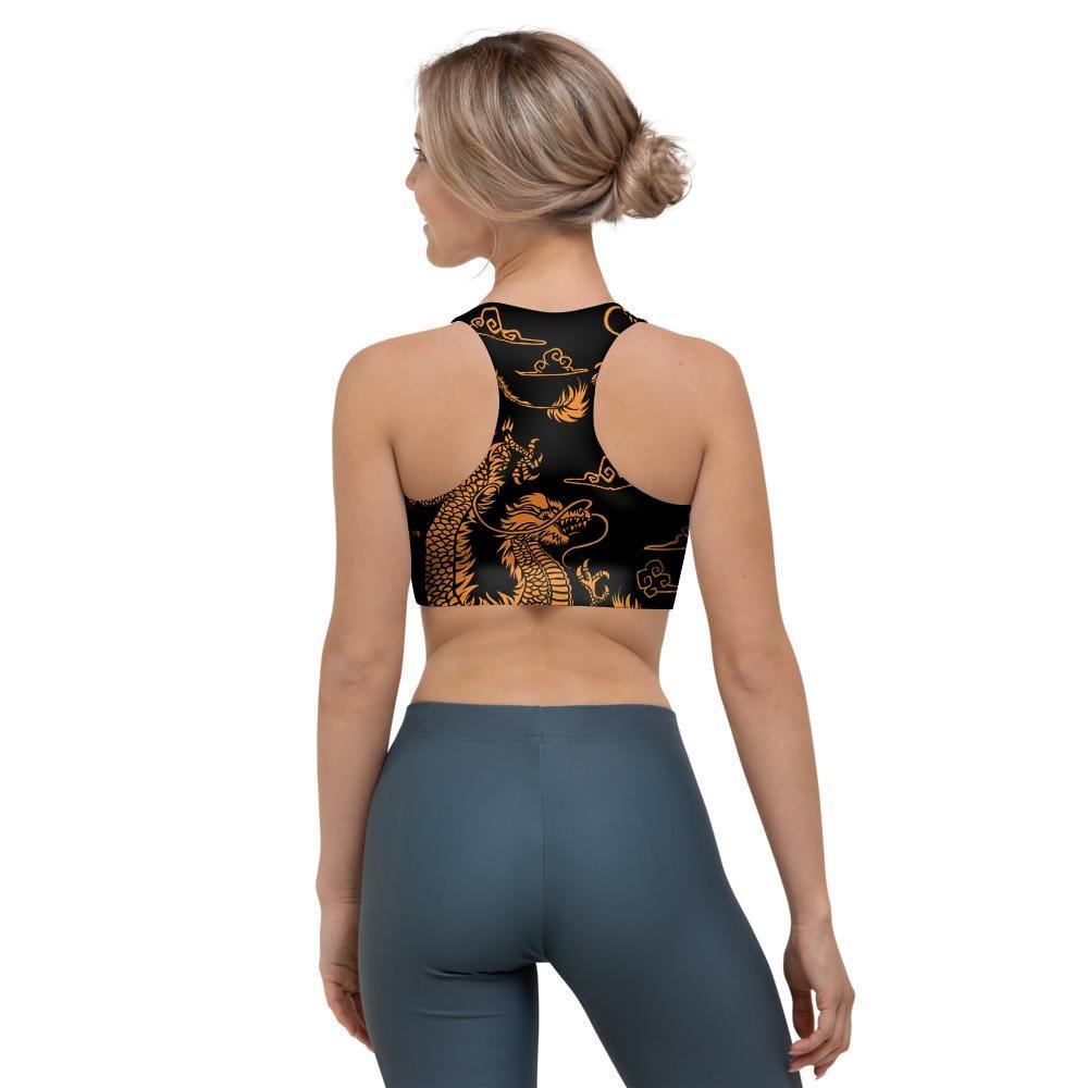 Gold Janpanese Dragon Print Sports Bra-grizzshop