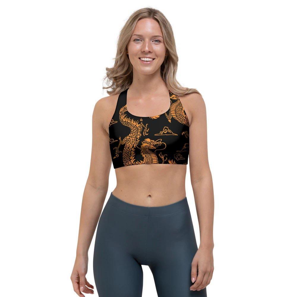 Gold Janpanese Dragon Print Sports Bra-grizzshop