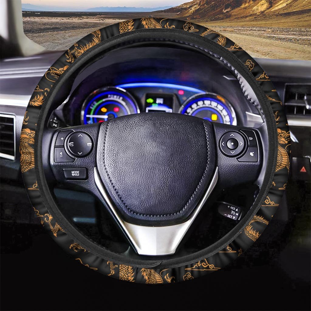 Gold Janpanese Dragon Print Steering Wheel Cover-grizzshop