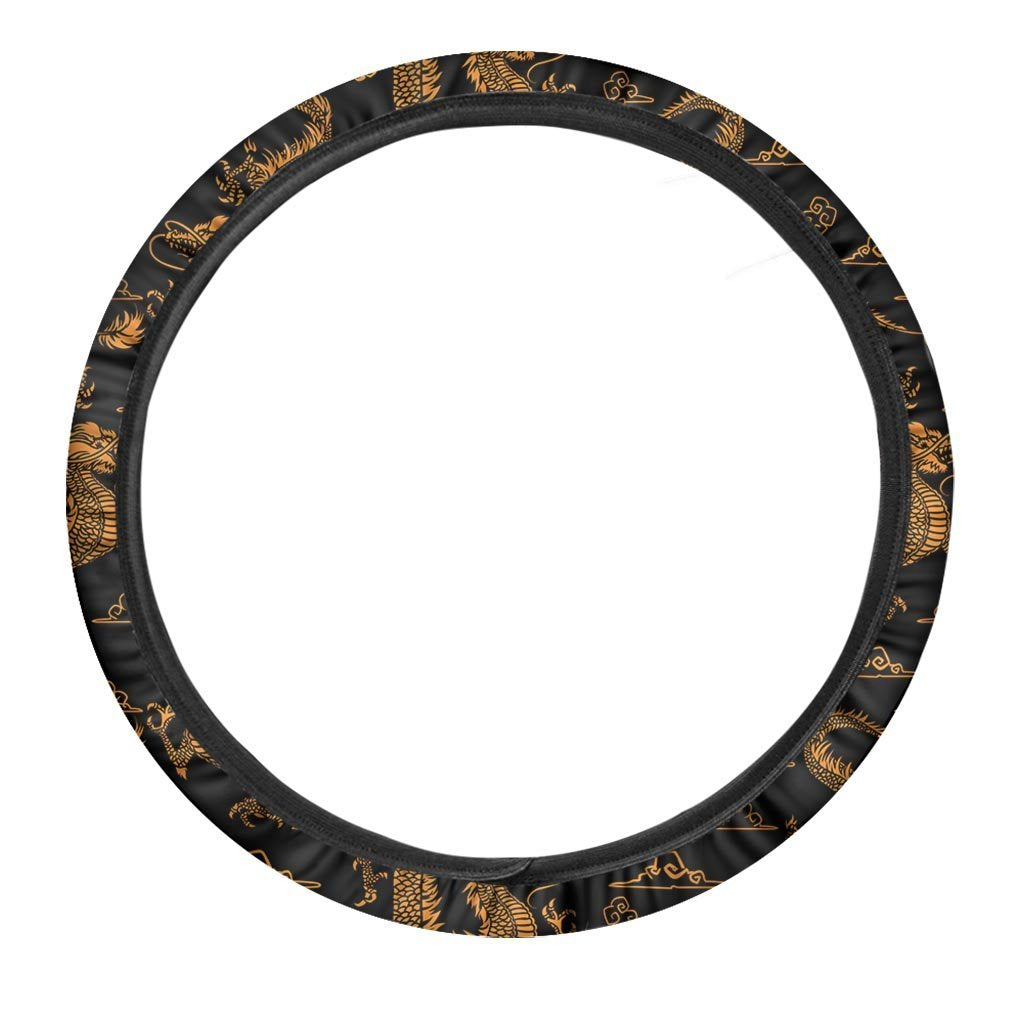 Gold Janpanese Dragon Print Steering Wheel Cover-grizzshop