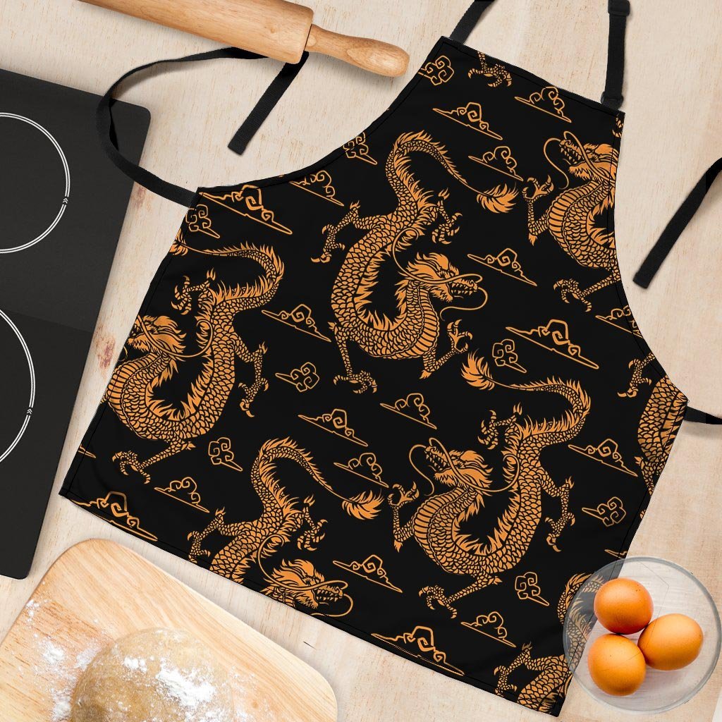 Gold Janpanese Dragon Print Women's Apron-grizzshop