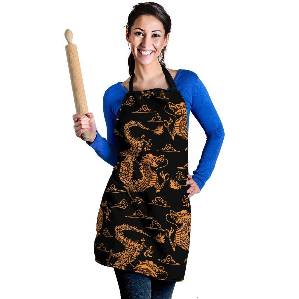 Gold Janpanese Dragon Print Women's Apron-grizzshop