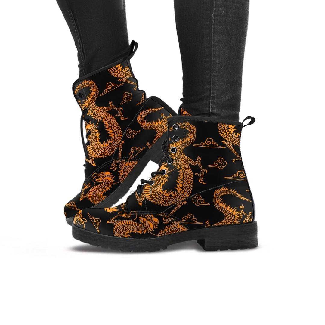 Gold Janpanese Dragon Print Women's Boots-grizzshop