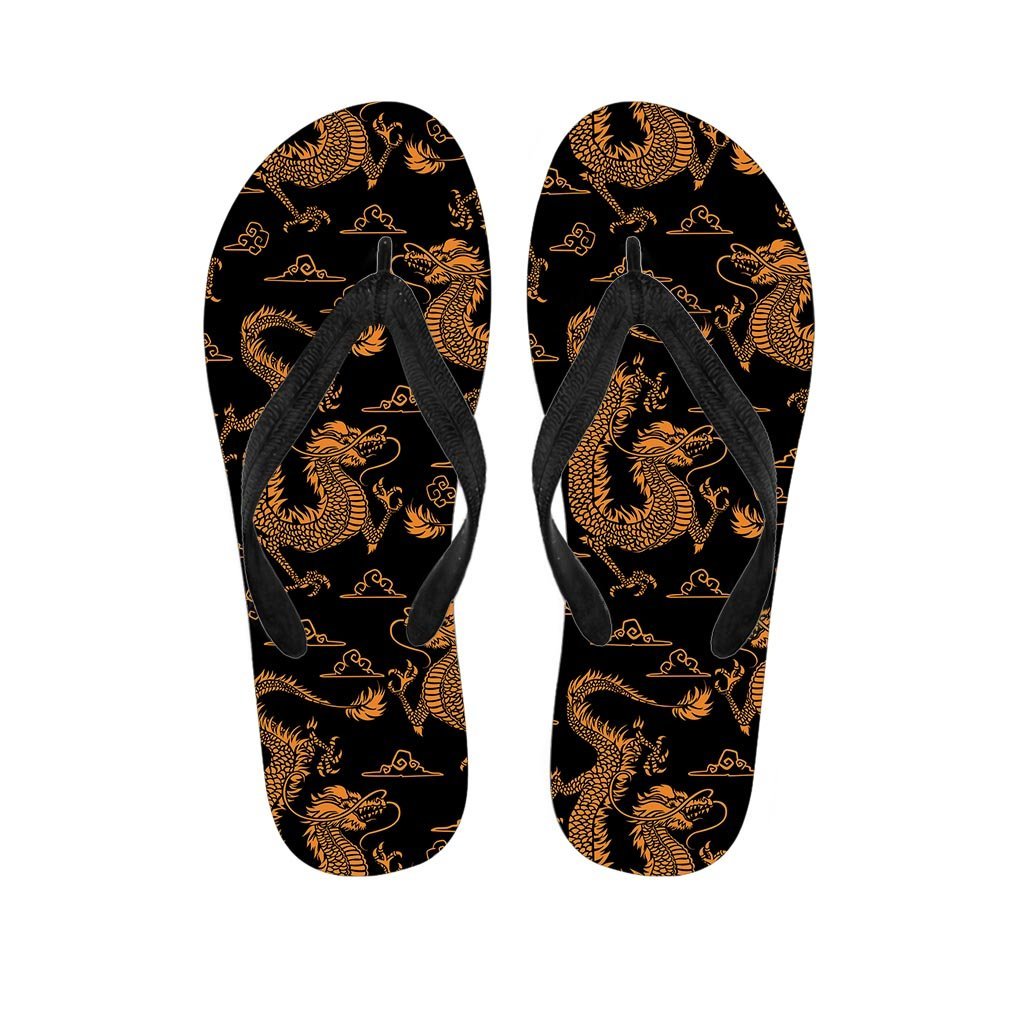Gold Janpanese Dragon Print Women's Flip Flops-grizzshop