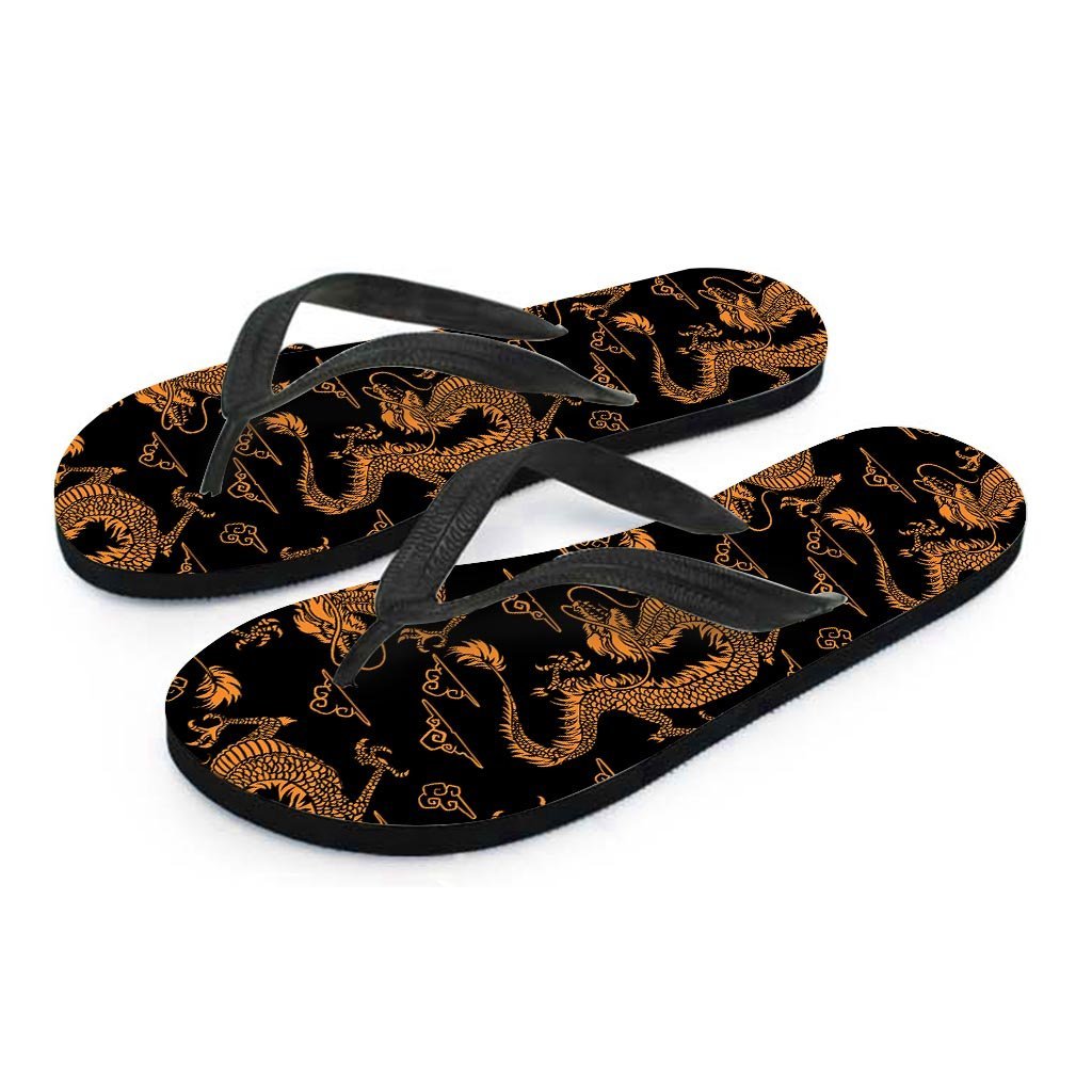 Gold Janpanese Dragon Print Women's Flip Flops-grizzshop