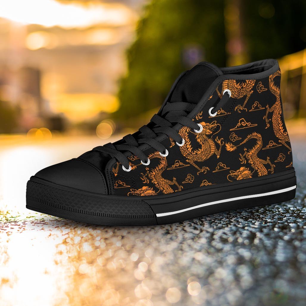Gold Janpanese Dragon Print Women's High Top Shoes-grizzshop