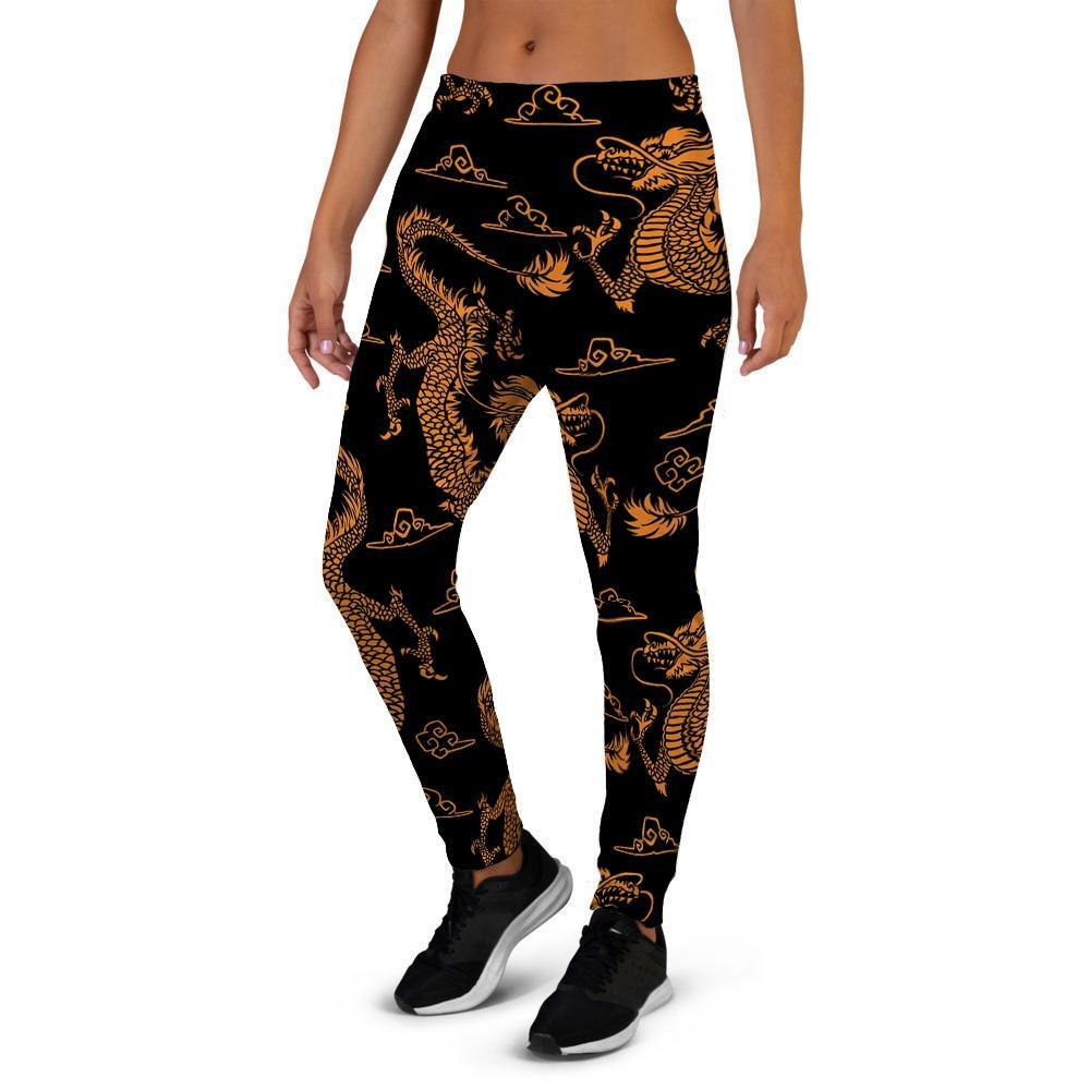 Gold Janpanese Dragon Print Women's Joggers-grizzshop