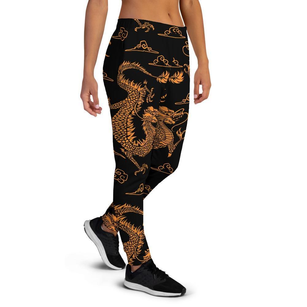 Gold Janpanese Dragon Print Women's Joggers-grizzshop