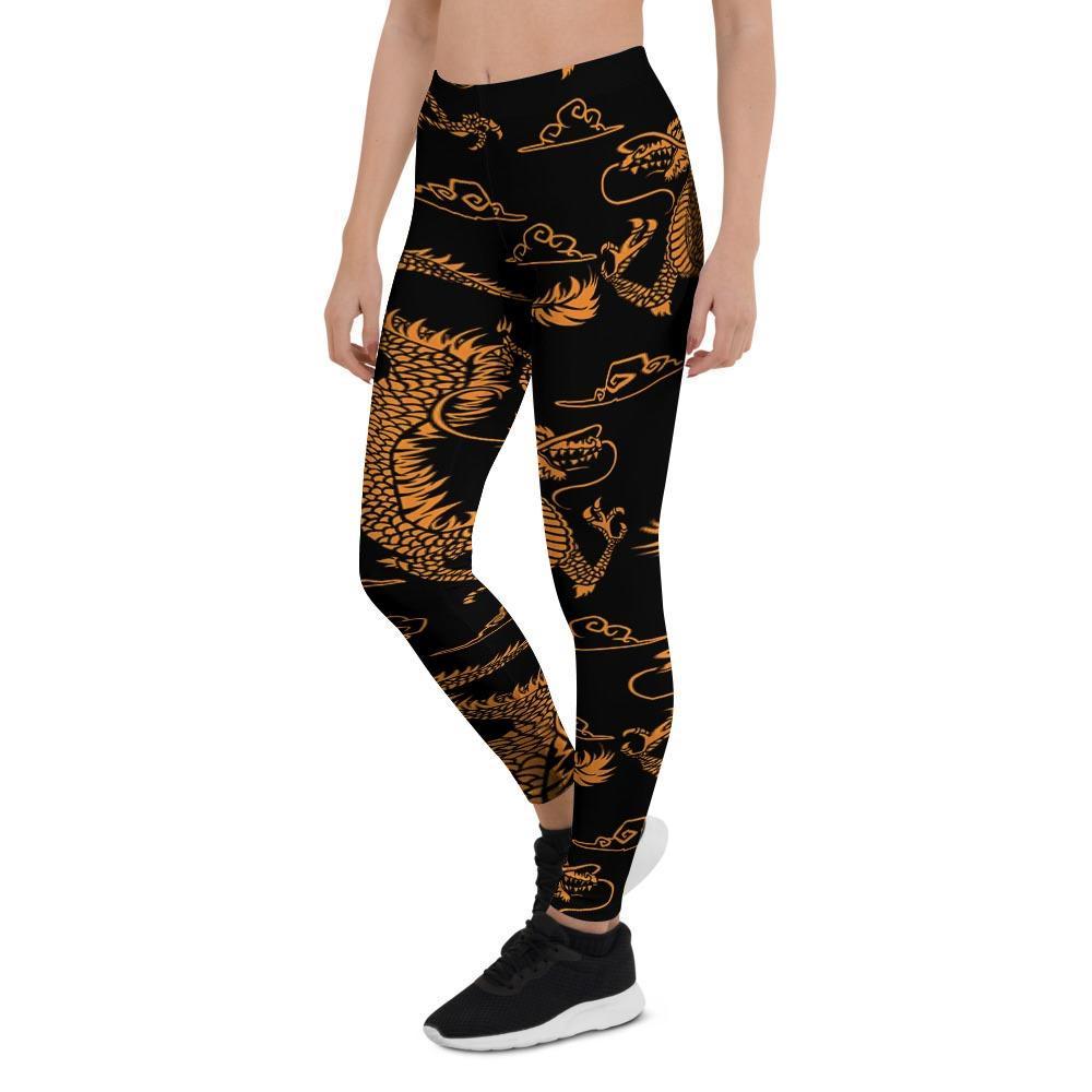 Gold Janpanese Dragon Print Women's Leggings-grizzshop