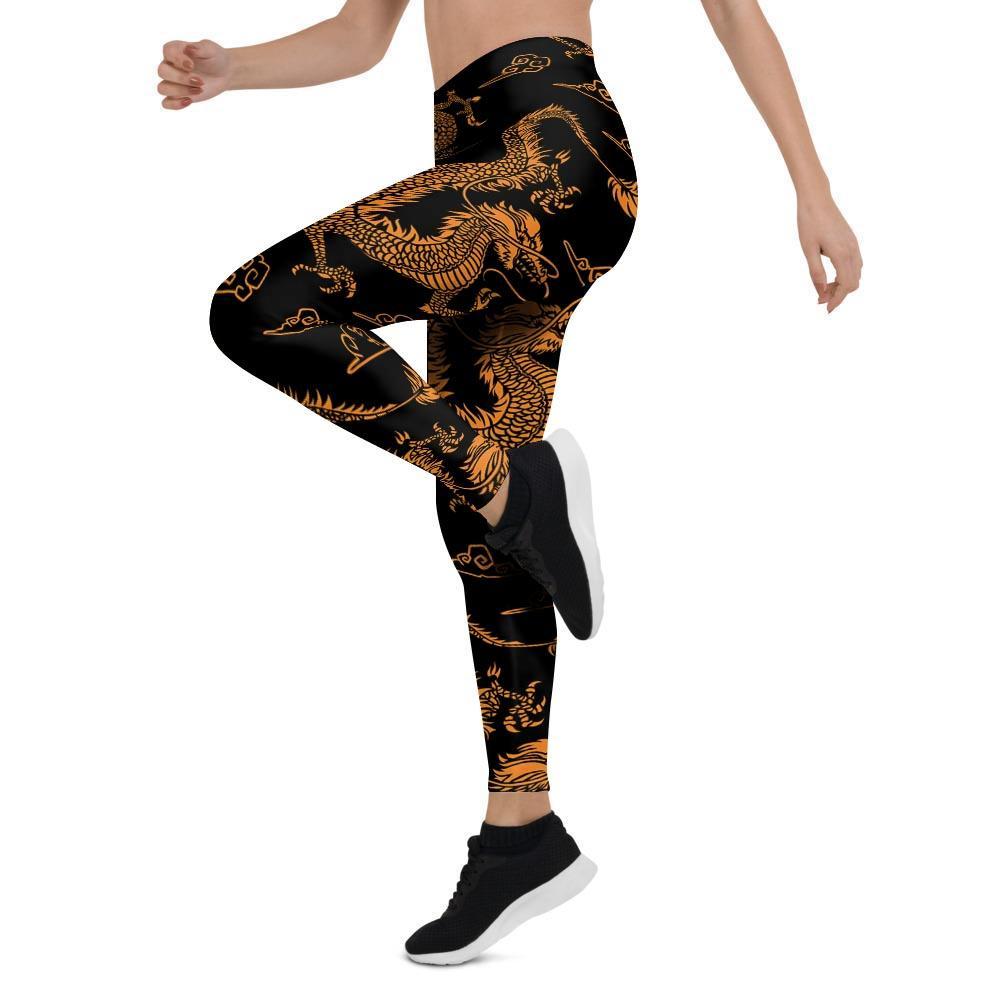 Gold Janpanese Dragon Print Women's Leggings-grizzshop