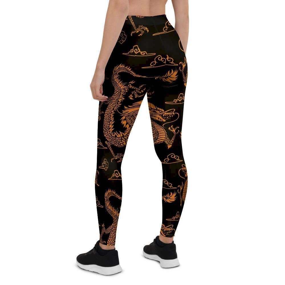 Gold Janpanese Dragon Print Women's Leggings-grizzshop