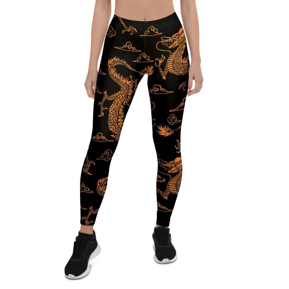 Gold Janpanese Dragon Print Women's Leggings-grizzshop